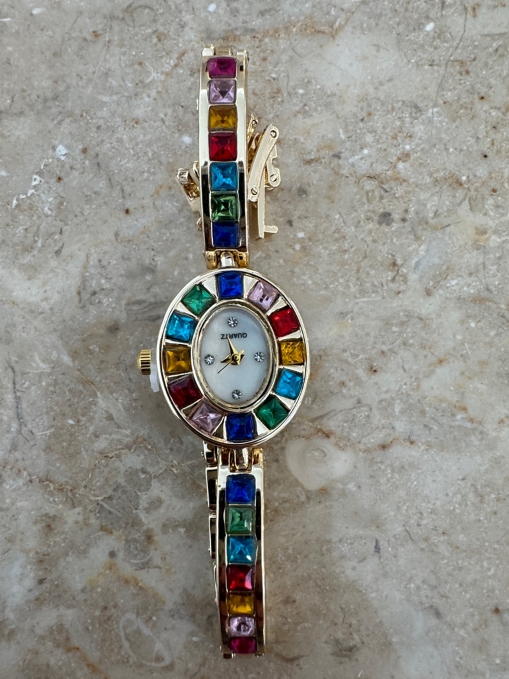 Gold-Tone Bracelet Watch with Multicolor Gem Accents